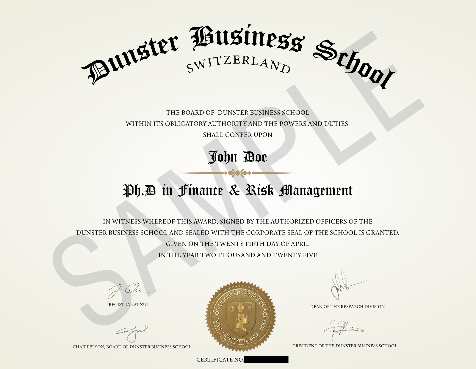 Dunster Business School Certificate