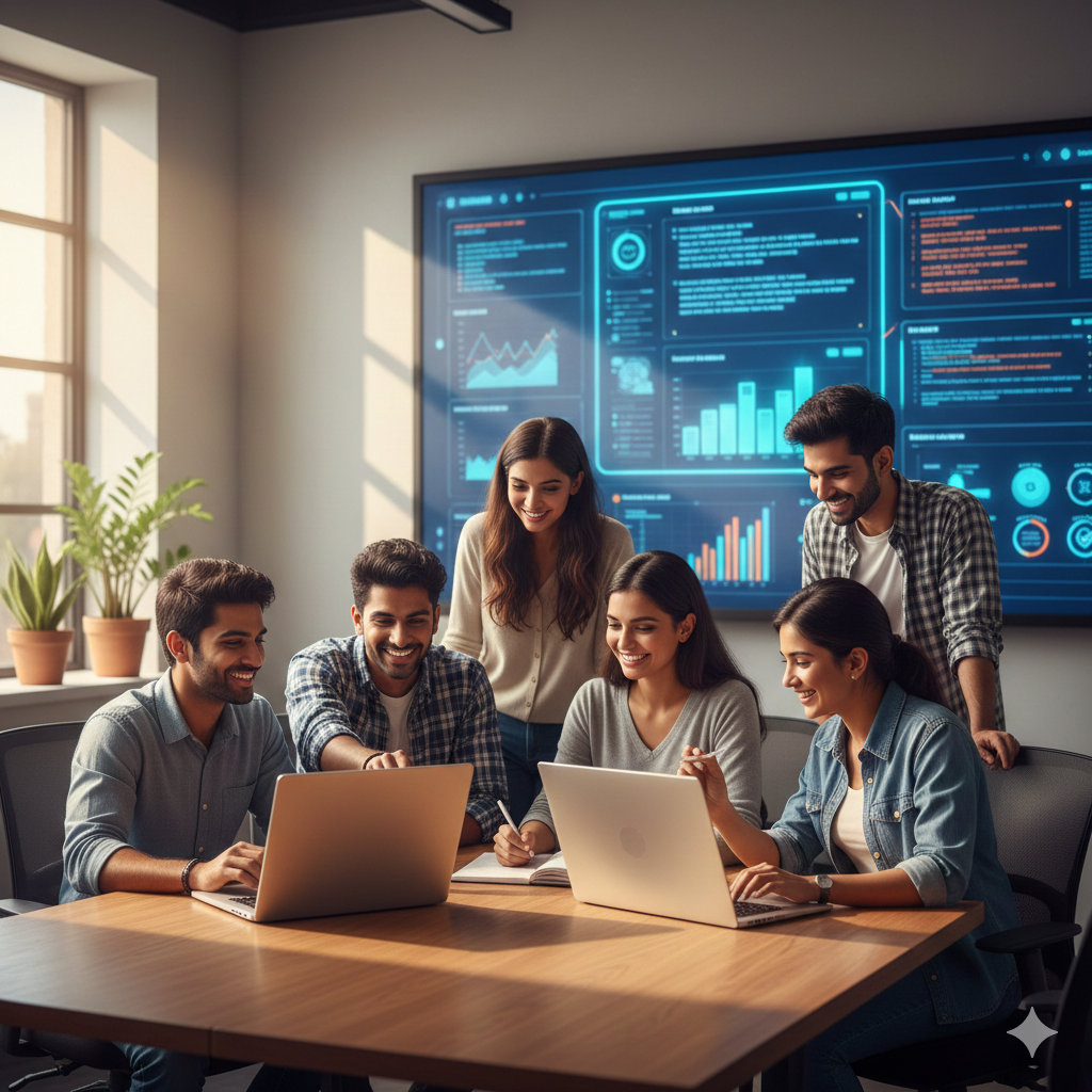 Students collaborating with data dashboards